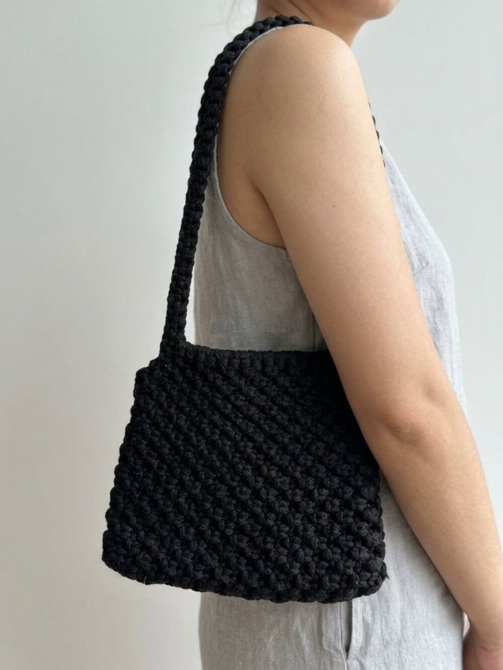 Black Handwoven Cotton Macrame Crochet Shoulder Bag
